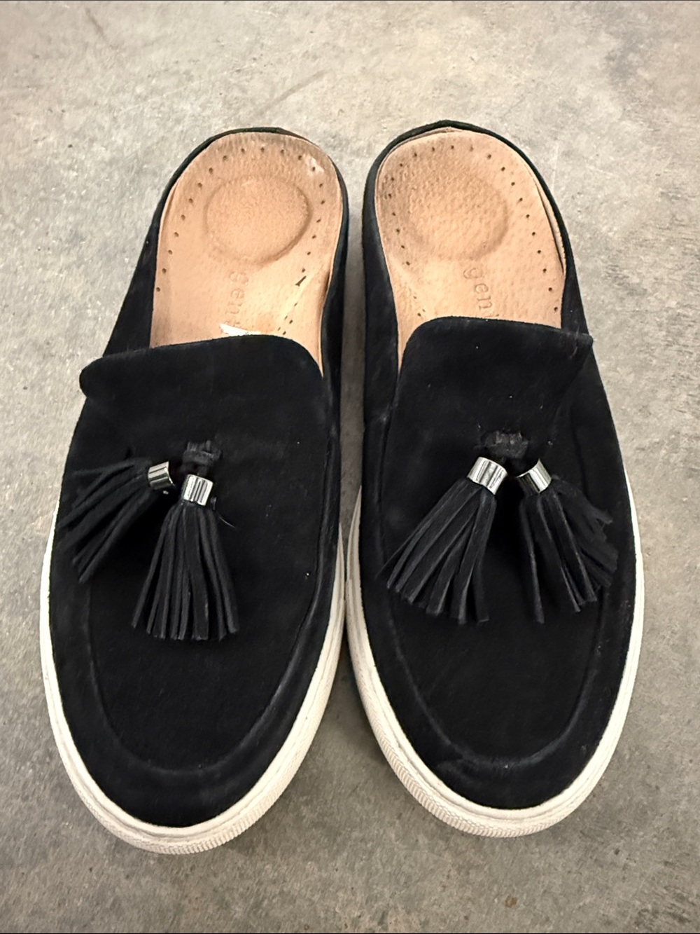 gentle souls Black Suede Tassel Slip-On Mules with White Sole